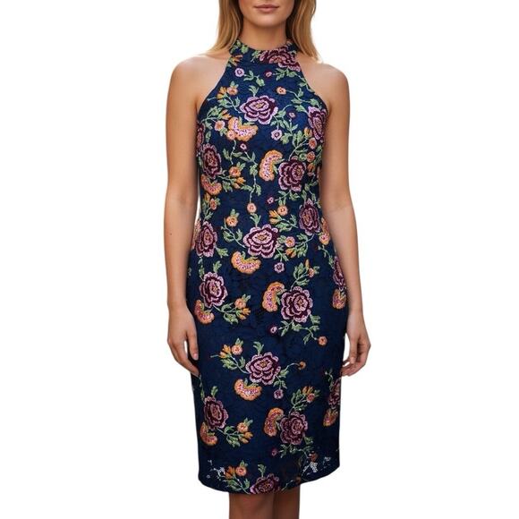 Jovani Embroidered Rhinestones Floral Lace Halter Party Cocktail Dress Size 8